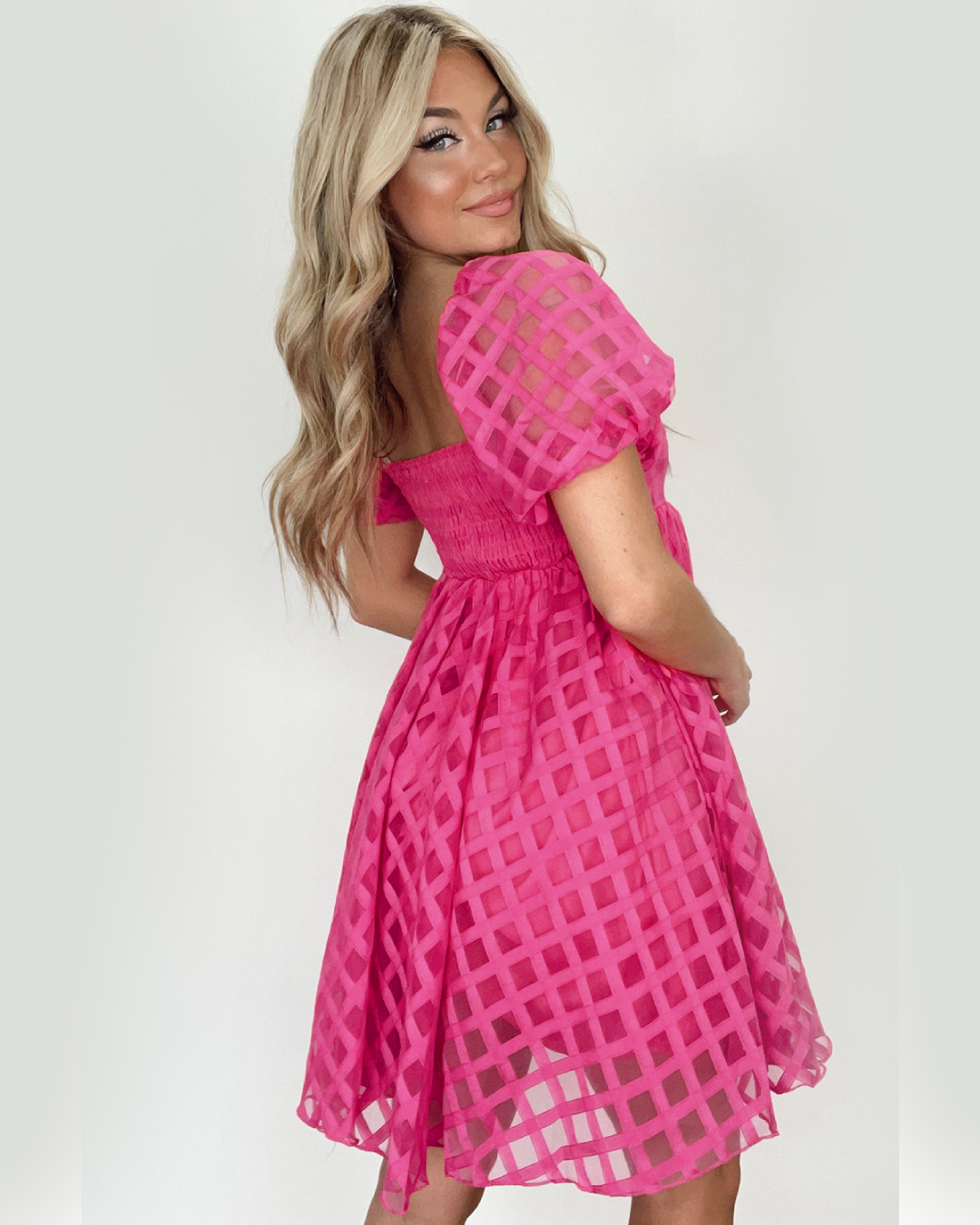 Checkered Puff Sleeve Babydoll Dress   