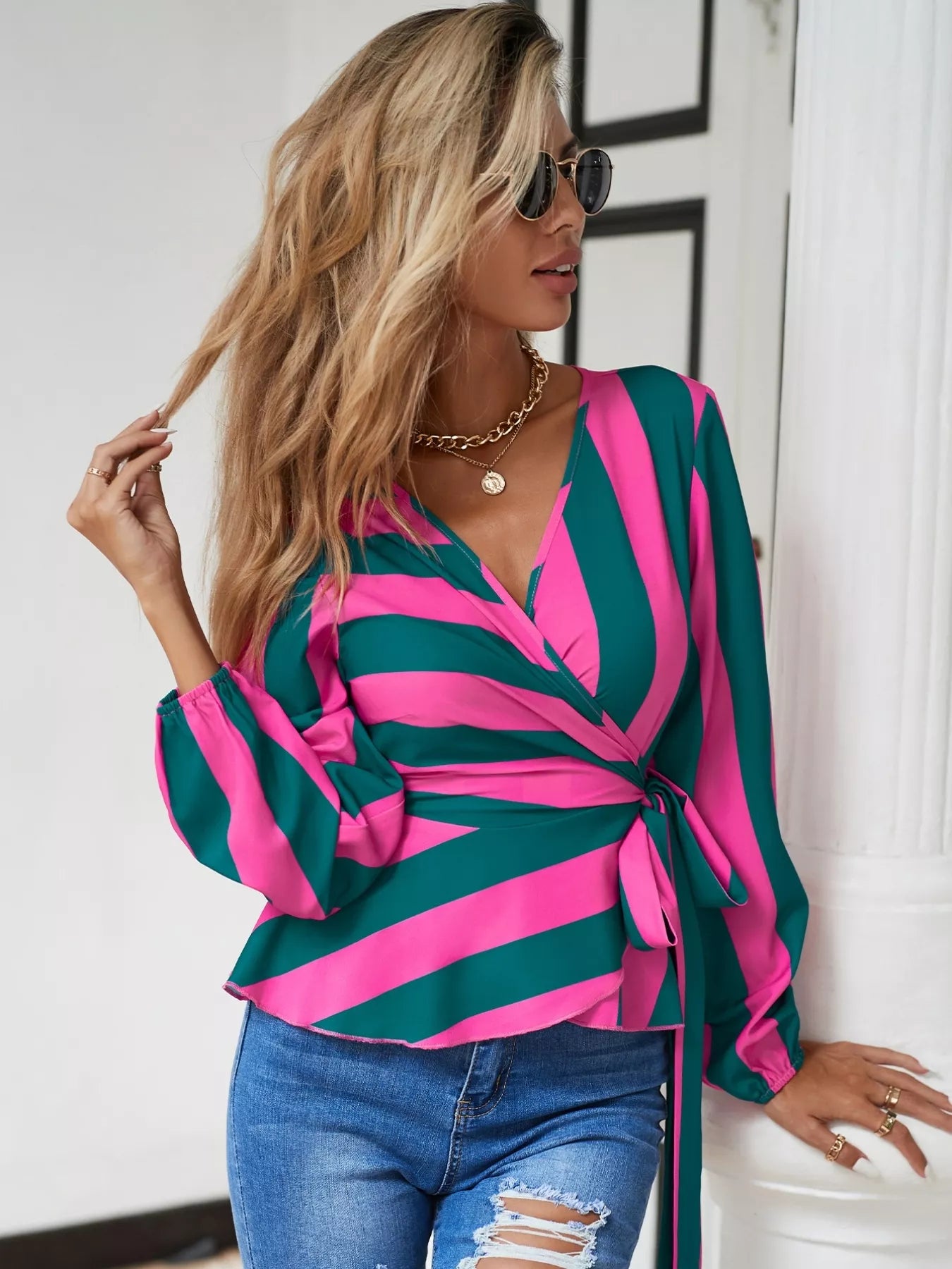 Striped Wrap Blouse with Tie Detail
