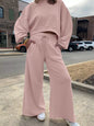 Drop Shoulder Puff Sleeve Crop Top and Drawstring Wide Leg Pants Set Dusty Pink S