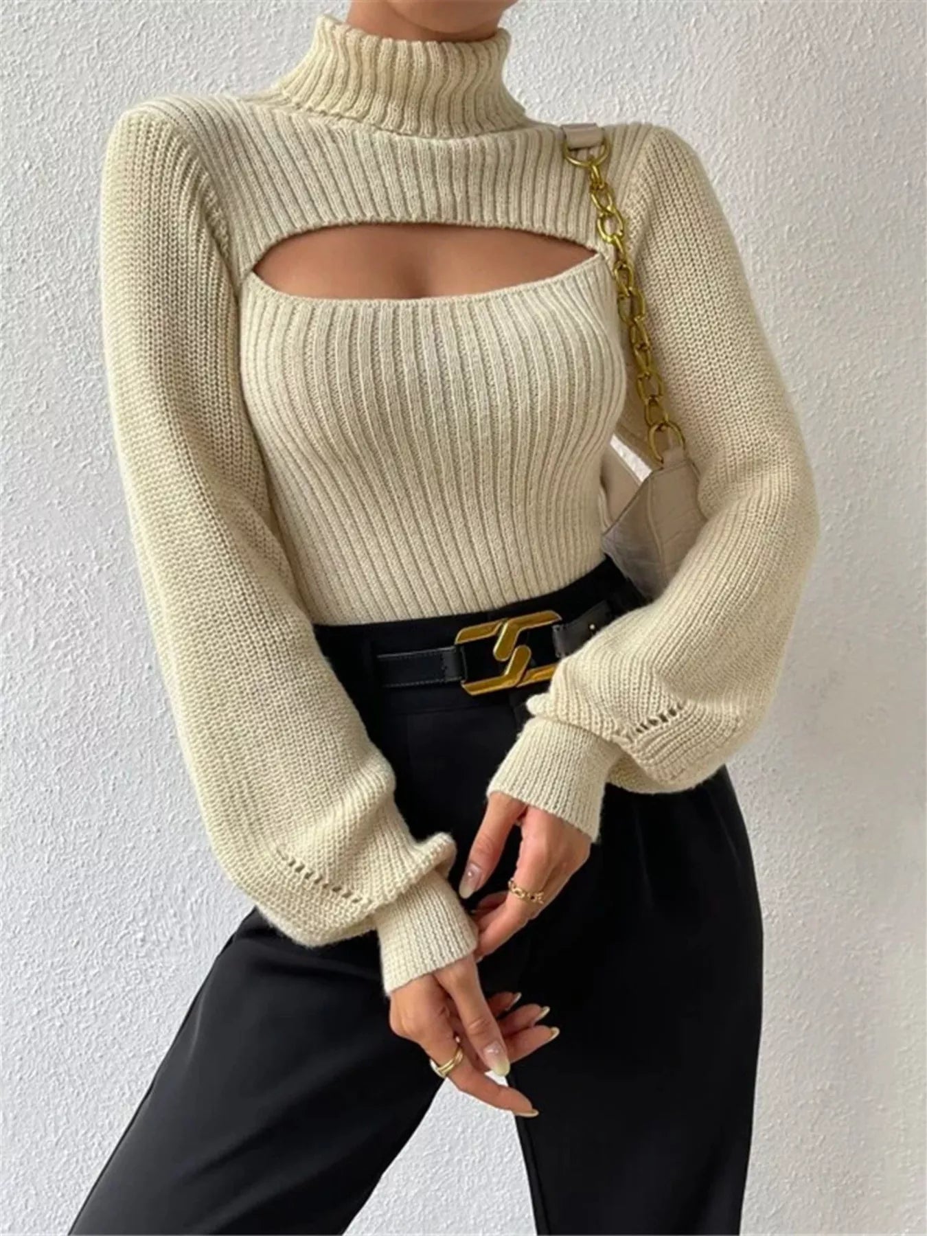 Cutout Front Turtleneck Long Sleeve Sweater