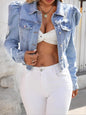 Distressed Puff Sleeve Wash Denim Jacket Blue XS