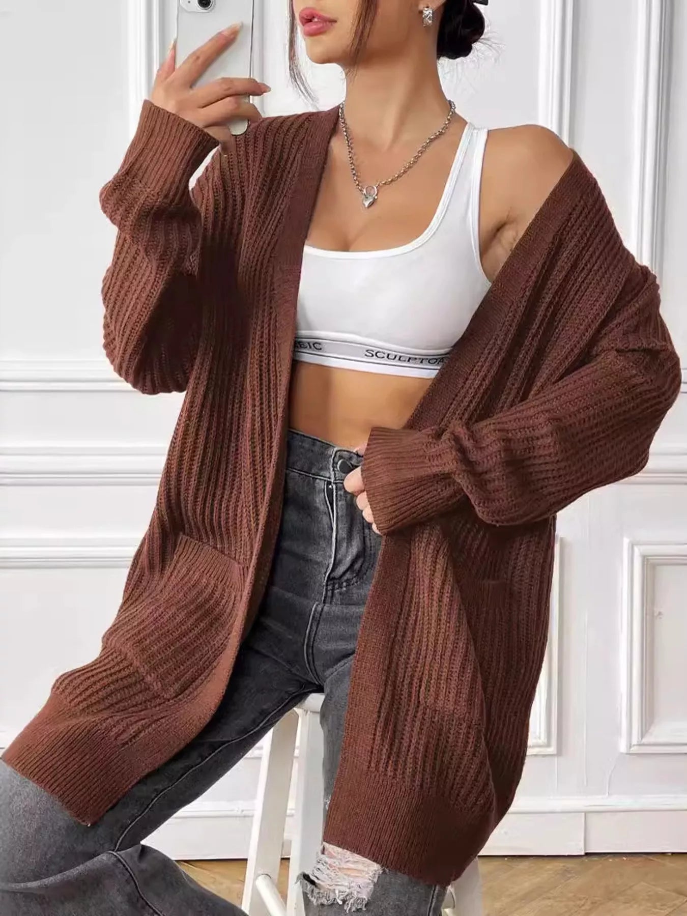 Open Front Drop Shoulder Cardigan Brown One Size
