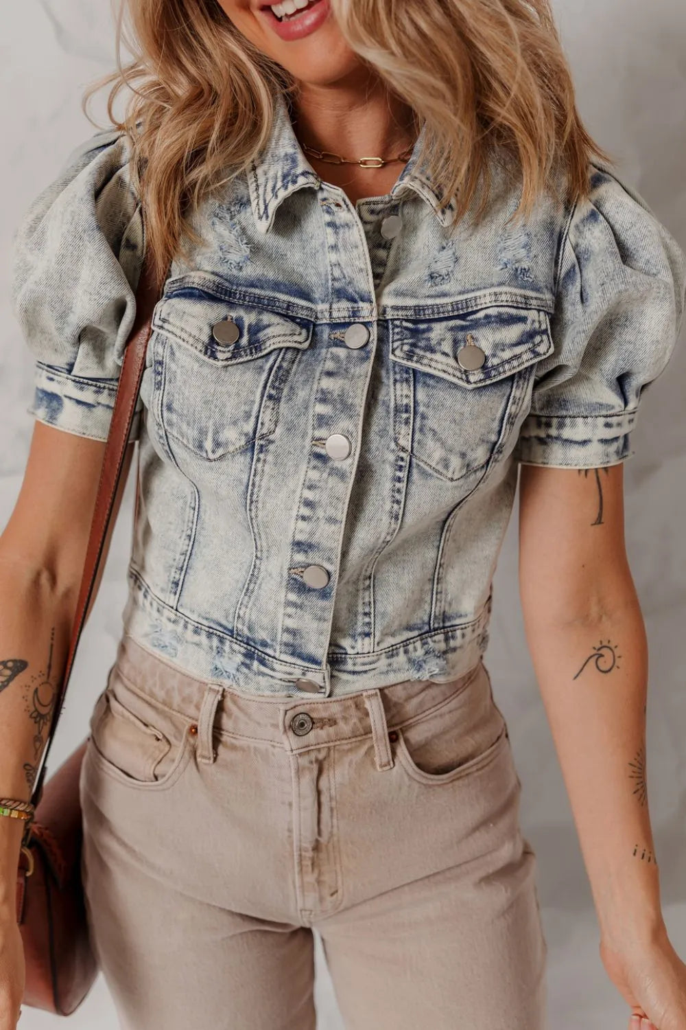 Wash Buttoned Chest Pocket Puff Sleeve Denim Jacket Medium S