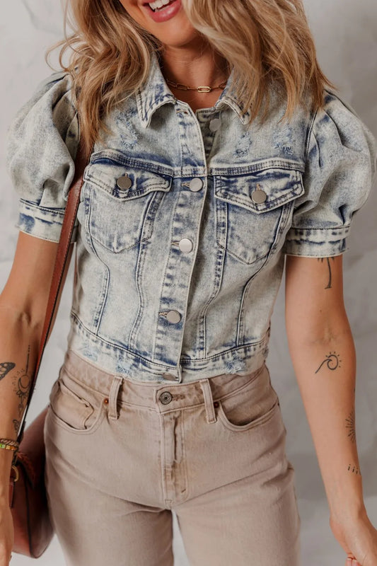 Wash Buttoned Chest Pocket Puff Sleeve Denim Jacket Medium S