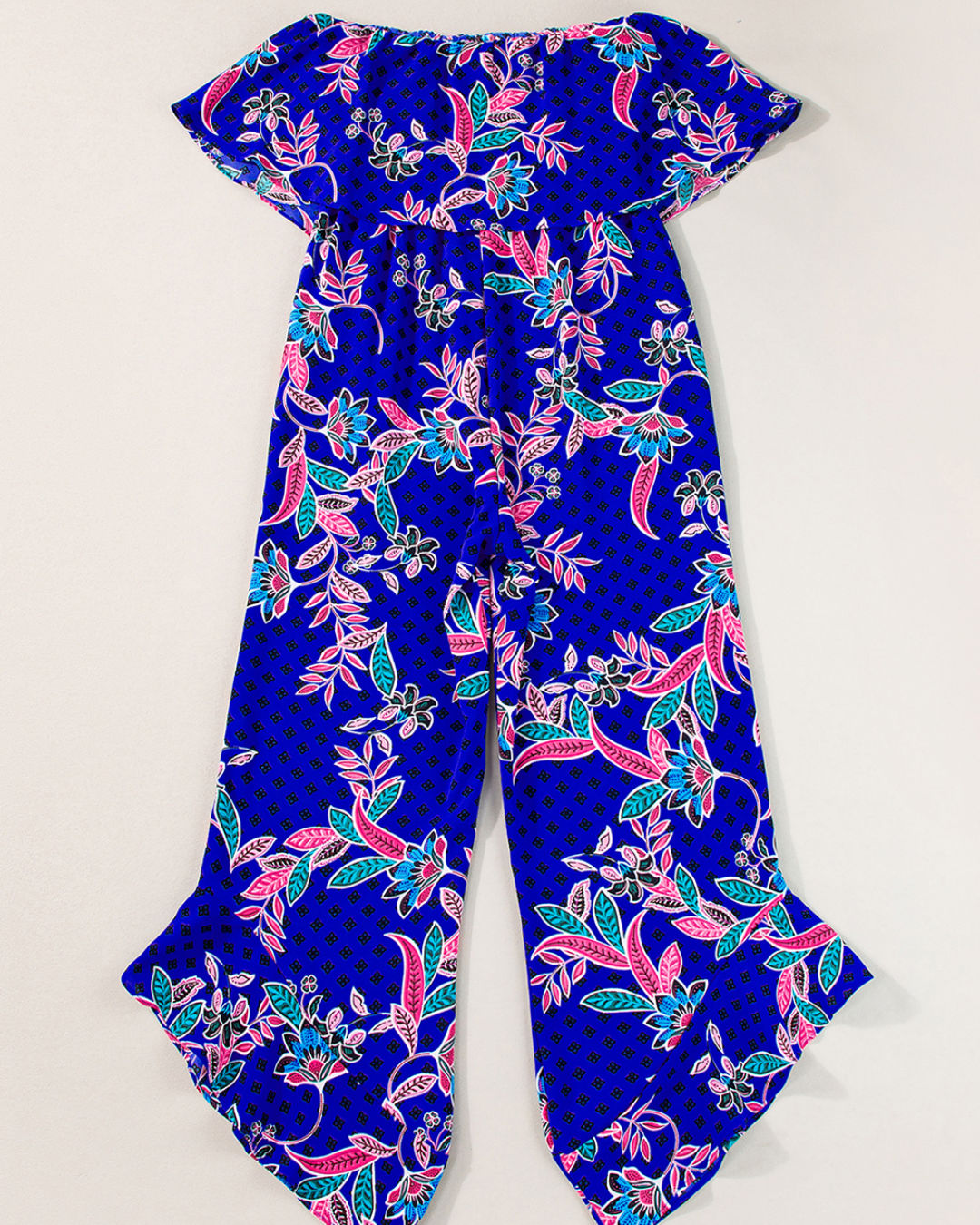 Blue Tropical Print Ruffled Jumpsuit   