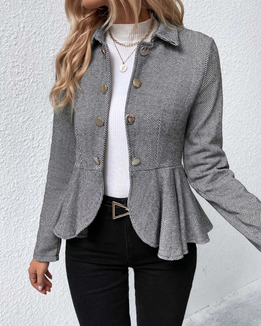 Ruffle Hem Collared Blazer Gray S 