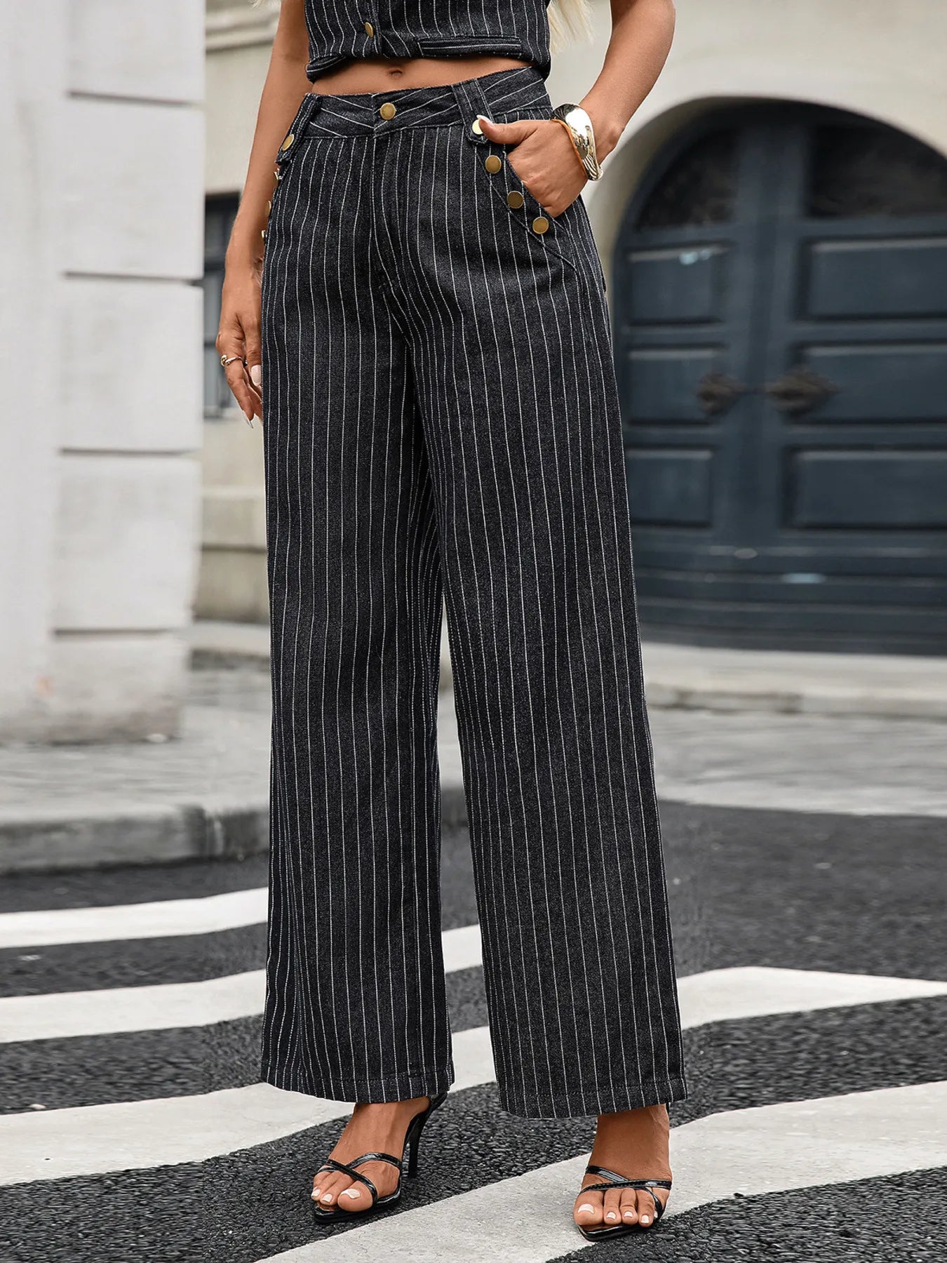 Striped Button Down Tank and Pants Denim Set