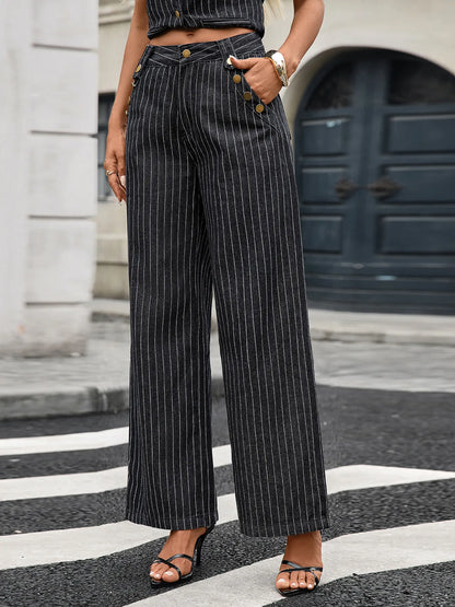 Striped Button Down Tank and Pants Denim Set