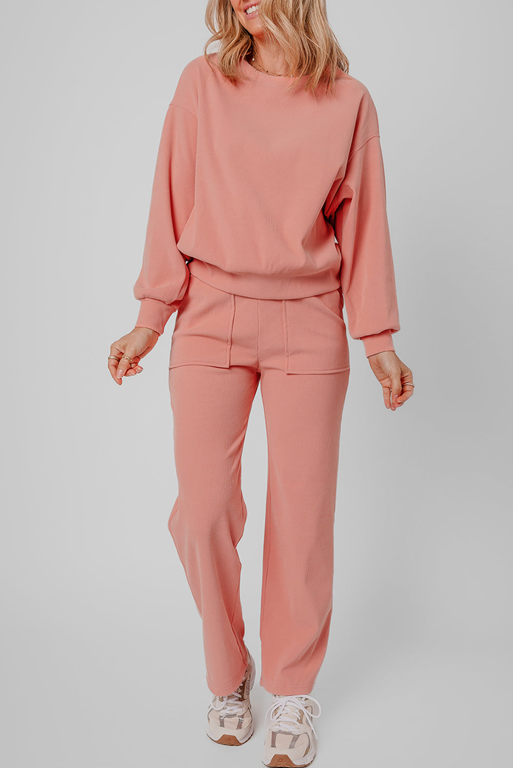 Blossom Ribbed Knit Drop Shoulder Pocketed Two Piece Lounge Set   