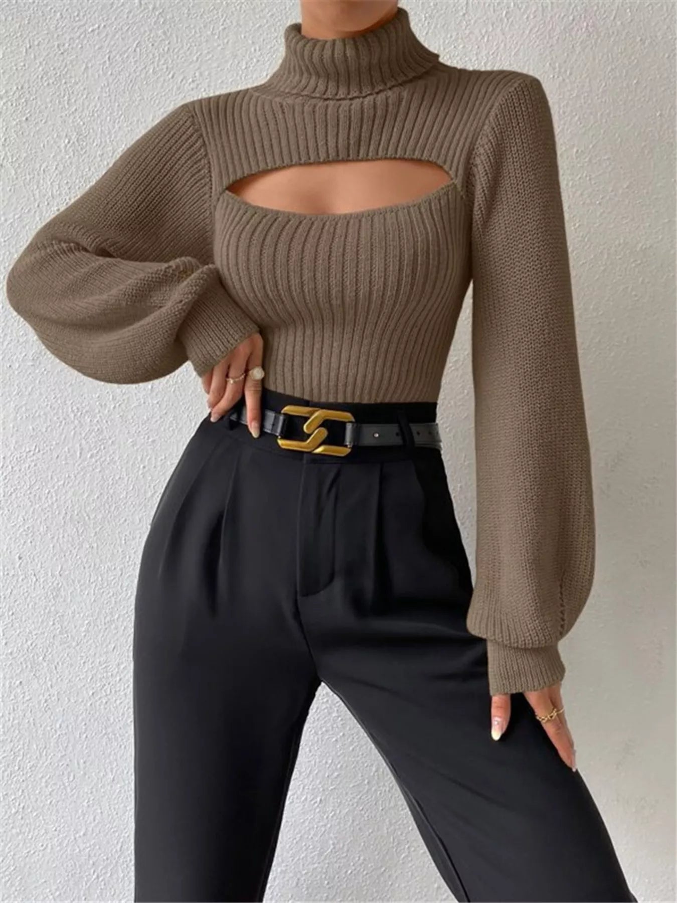 Cutout Front Turtleneck Long Sleeve Sweater