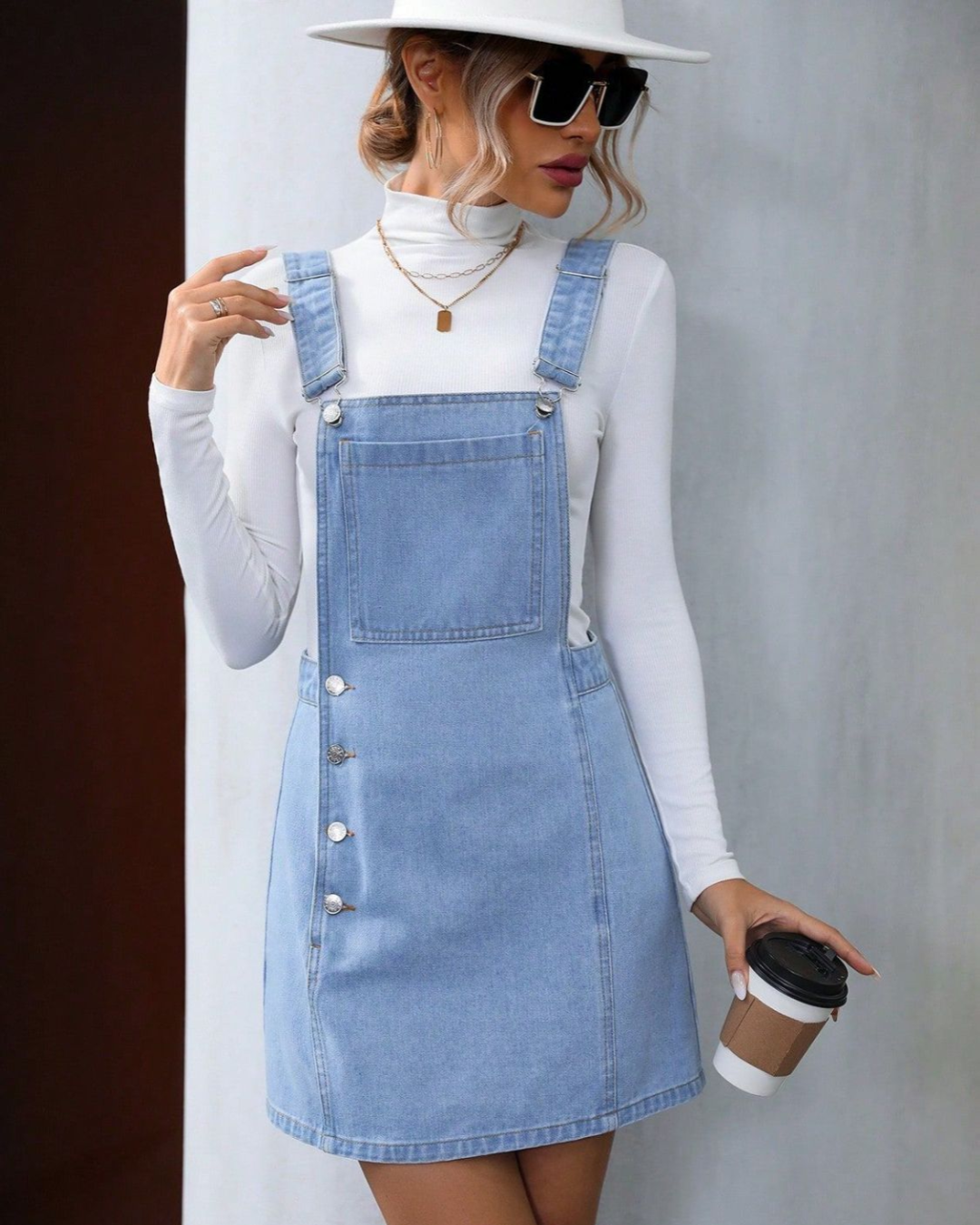 Wide Strap Denim Overall Dress   