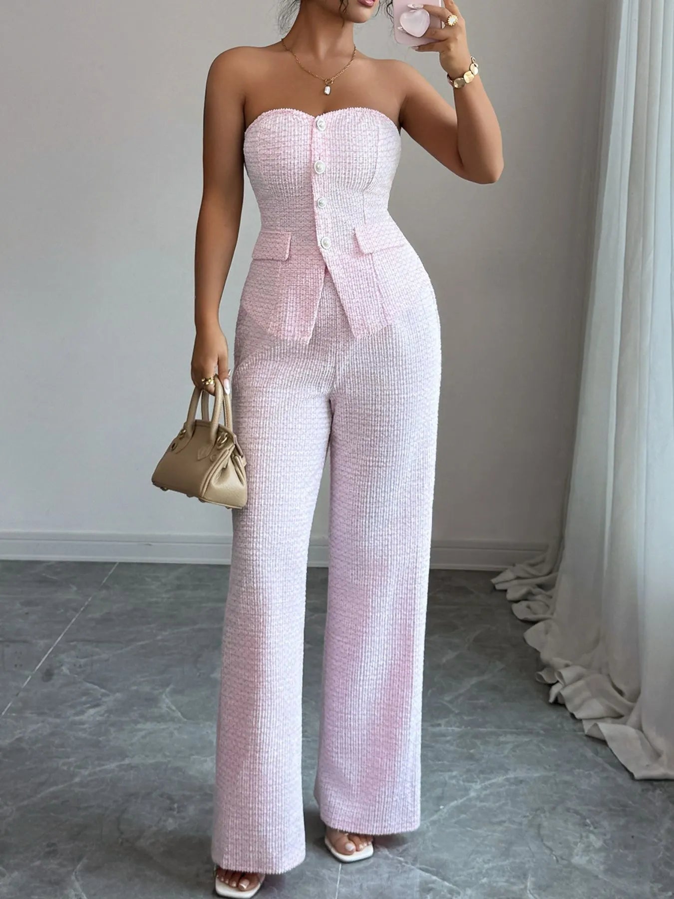 Sweetheart Neck Tube Top and Pants Set Blush Pink S