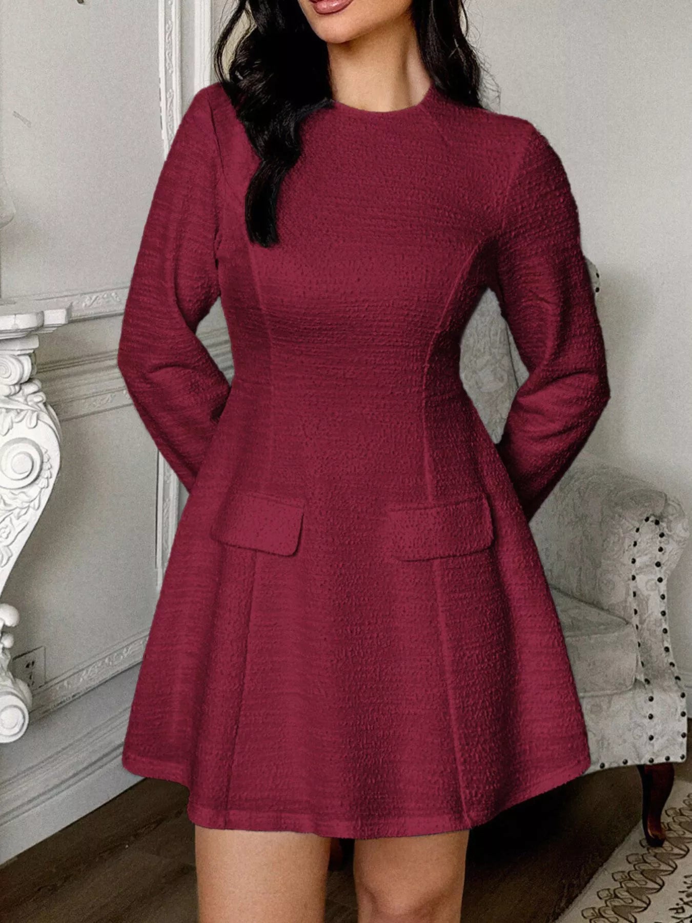 Cutout Back Long Sleeve Mini Dress Burgundy S