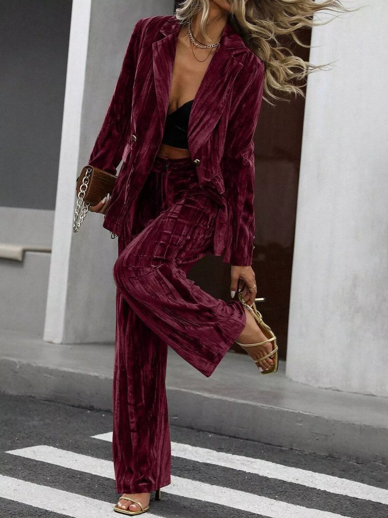 Lapel Collar Long Sleeve Blazer and Pants Set
