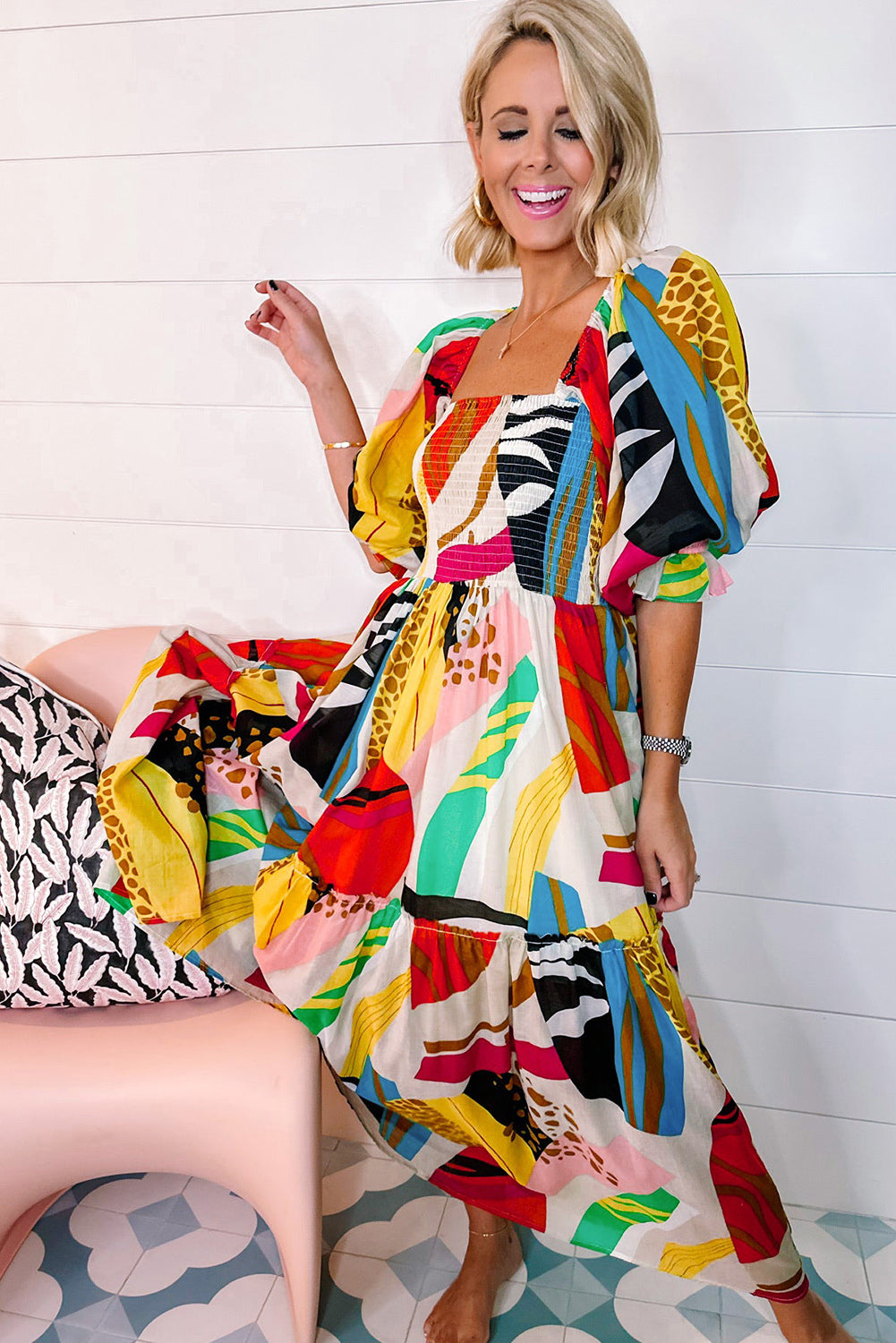 Smocked Abstract Printed Maxi Dress   