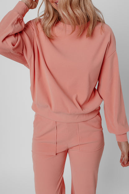Blossom Ribbed Knit Drop Shoulder Pocketed Two Piece Lounge Set   