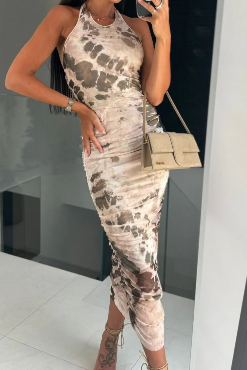Backless Printed Halter Neck Dress Tan S