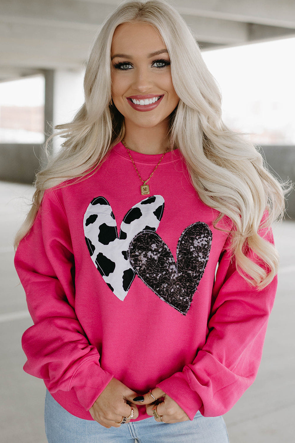 Sequin Double Heart Graphic Sweatshirt