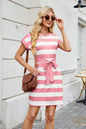 Tied Contrast Striped Short Sleeve Mini Tee Dress Pink L