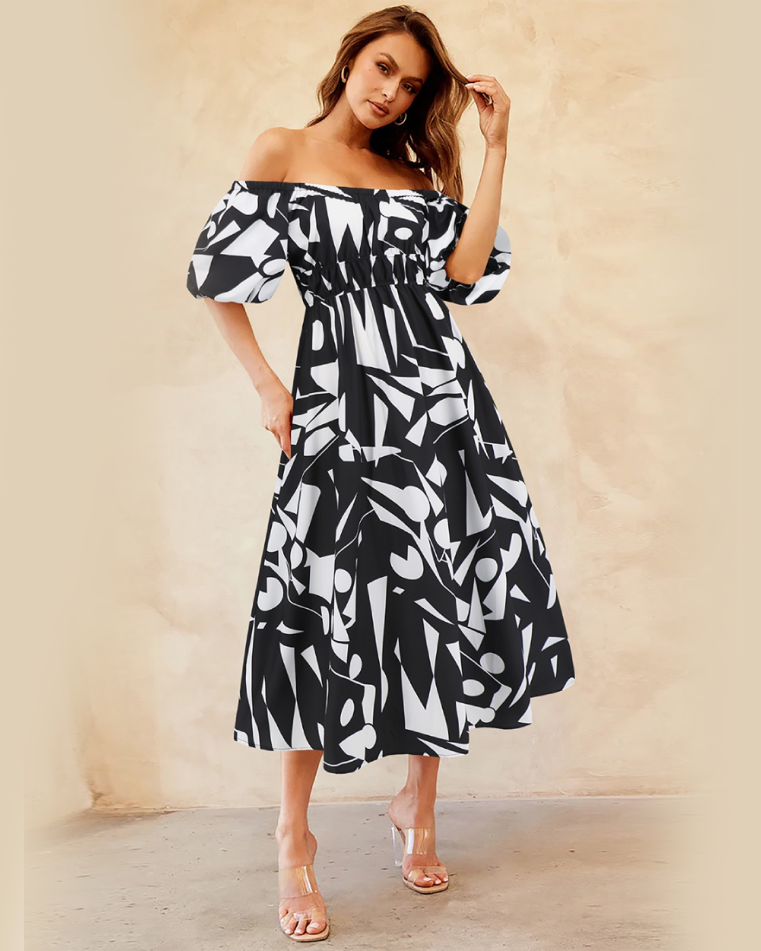 Printed Off-Shoulder Balloon Sleeve Dress Black S 