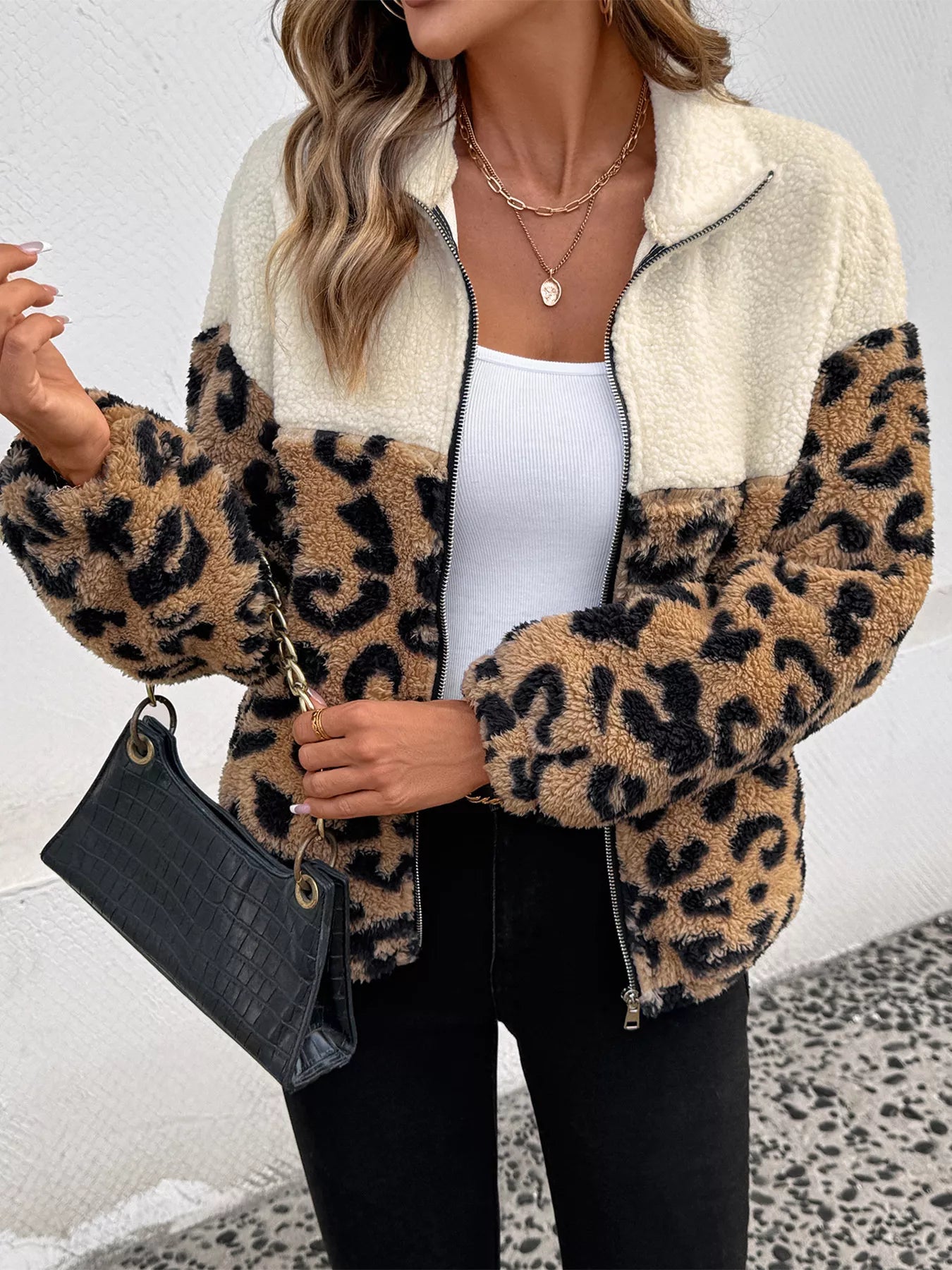 Leopard Zip Up Fleece Jacket Apricot S