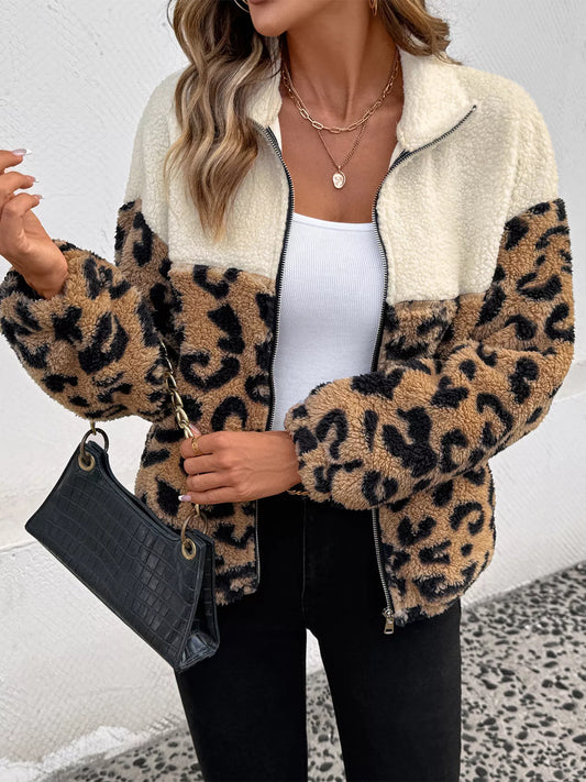 Leopard Zip Up Fleece Jacket Apricot S