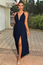 Sleeveless Plunge Neck Slit Maxi Dress Dark Navy M