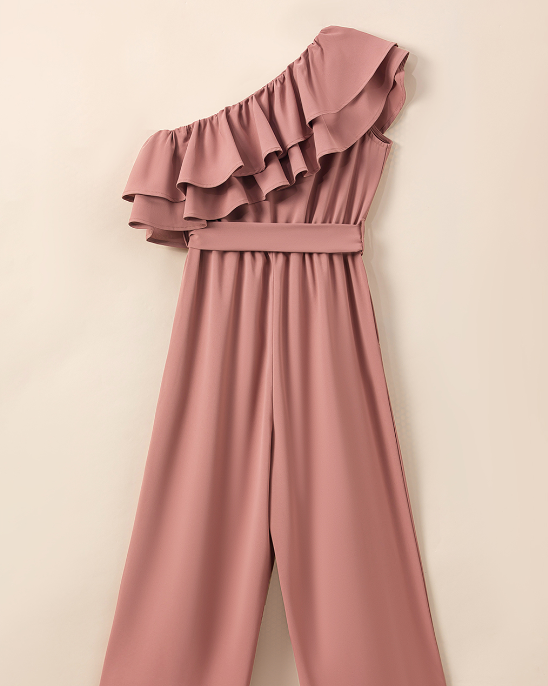 Dusty Pink Ruffle Trim Belted Jumpsuit   