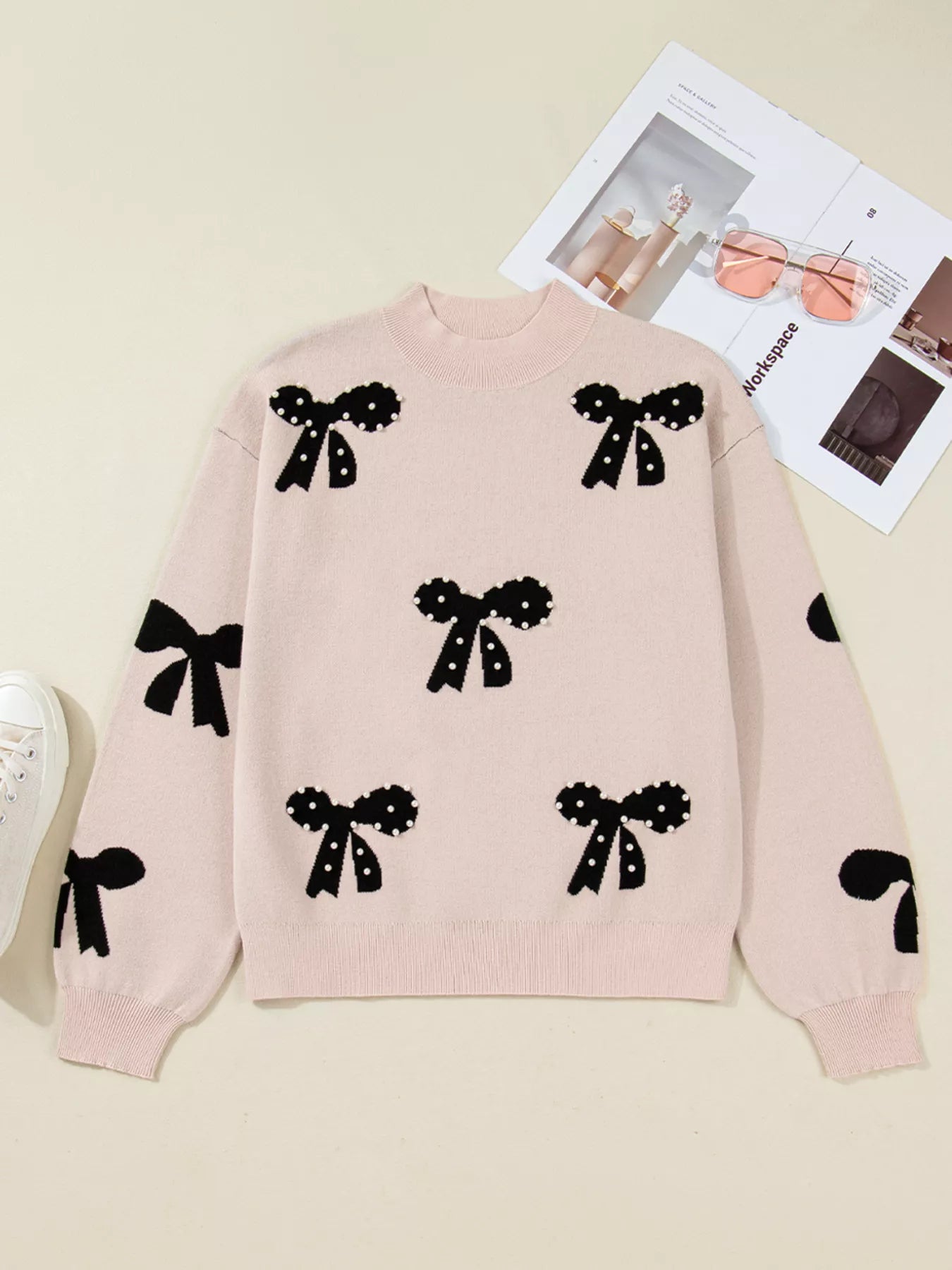 Pearl Embellished Bow Pattern Loose Sweater