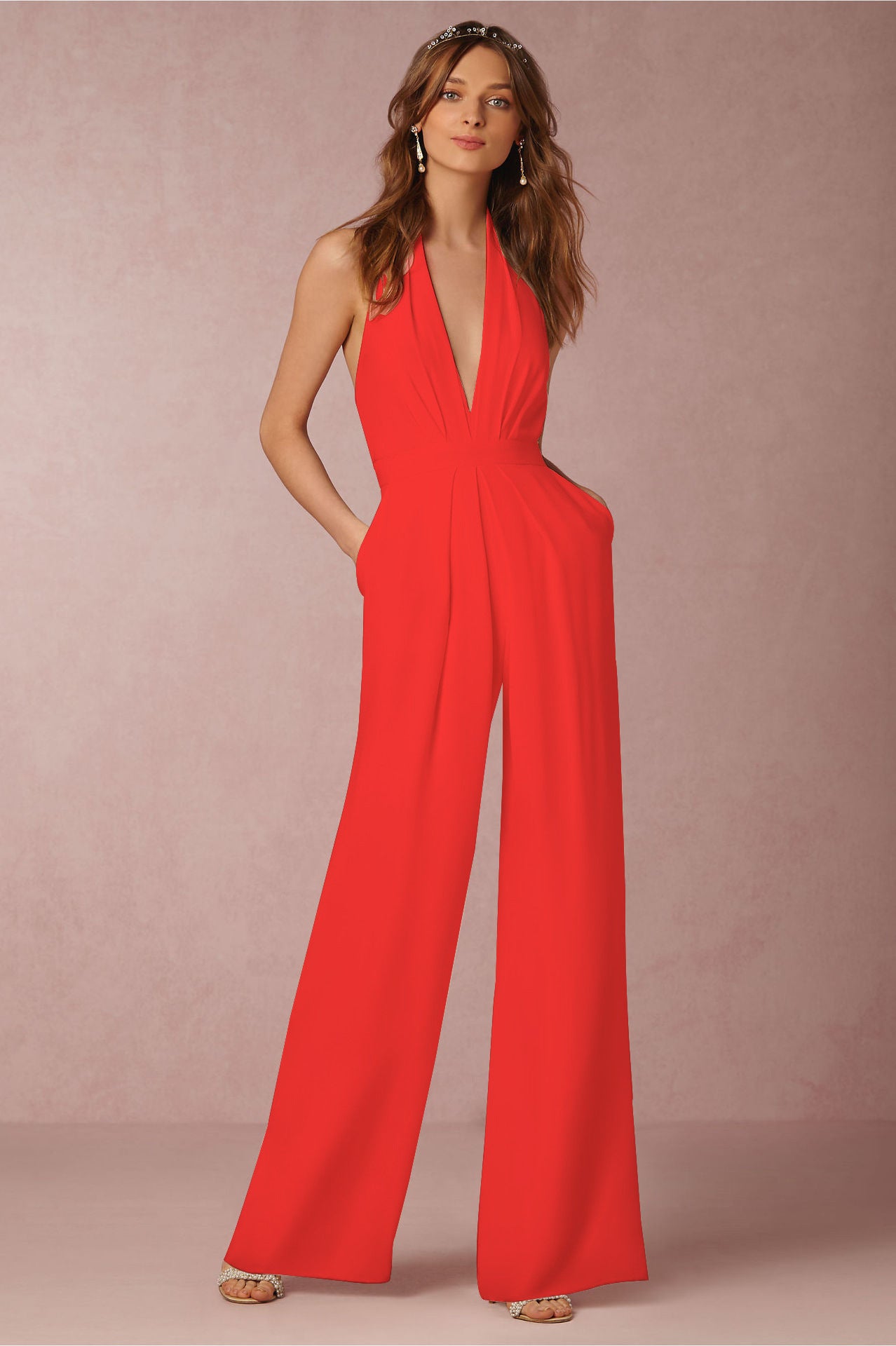 Casual Sexy Sleeveless Halter Jumpsuit S Red