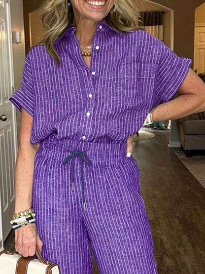 Striped Button-Up Shirt With Wide Leg Pants