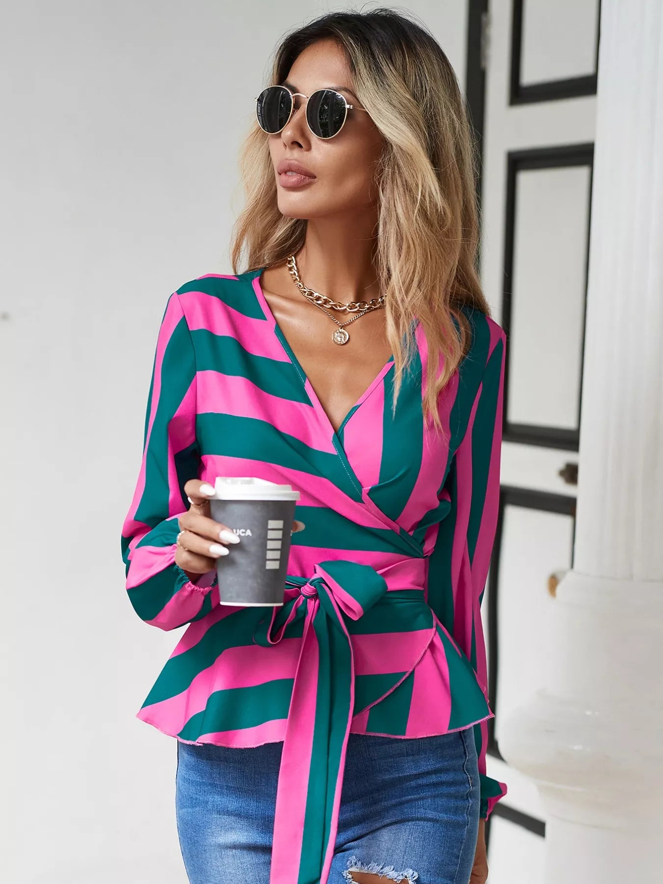 Striped Wrap Blouse with Tie Detail