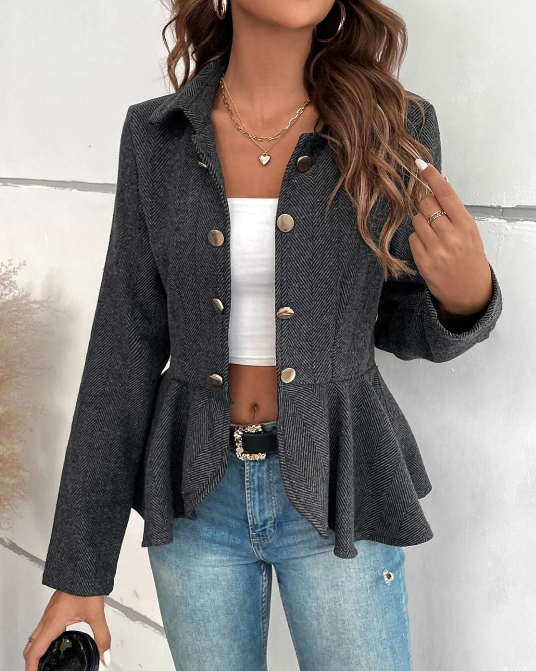 Ruffle Hem Collared Blazer Dark Gray S 