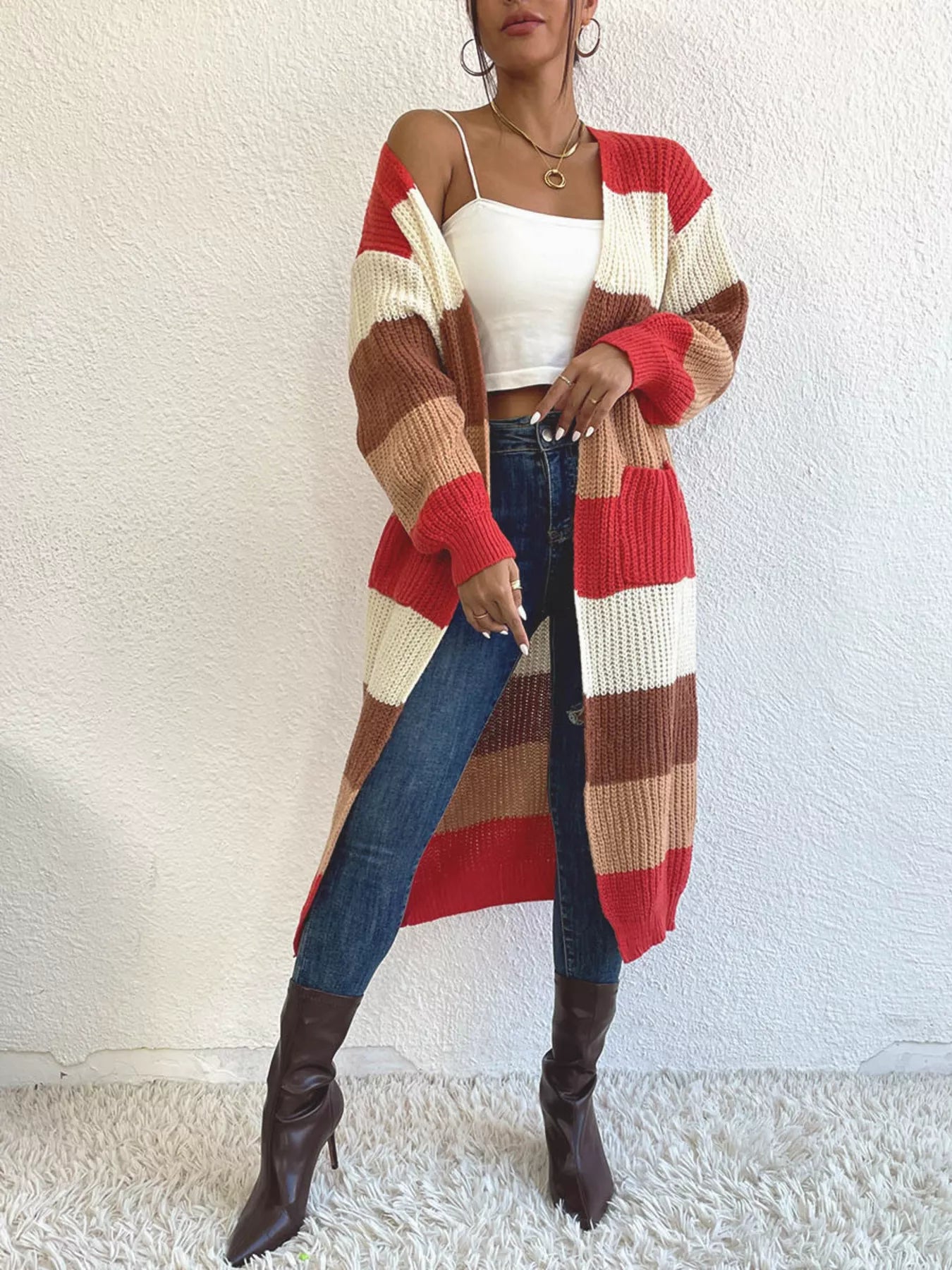 Striped Color Block Open Front Knit Cardigan