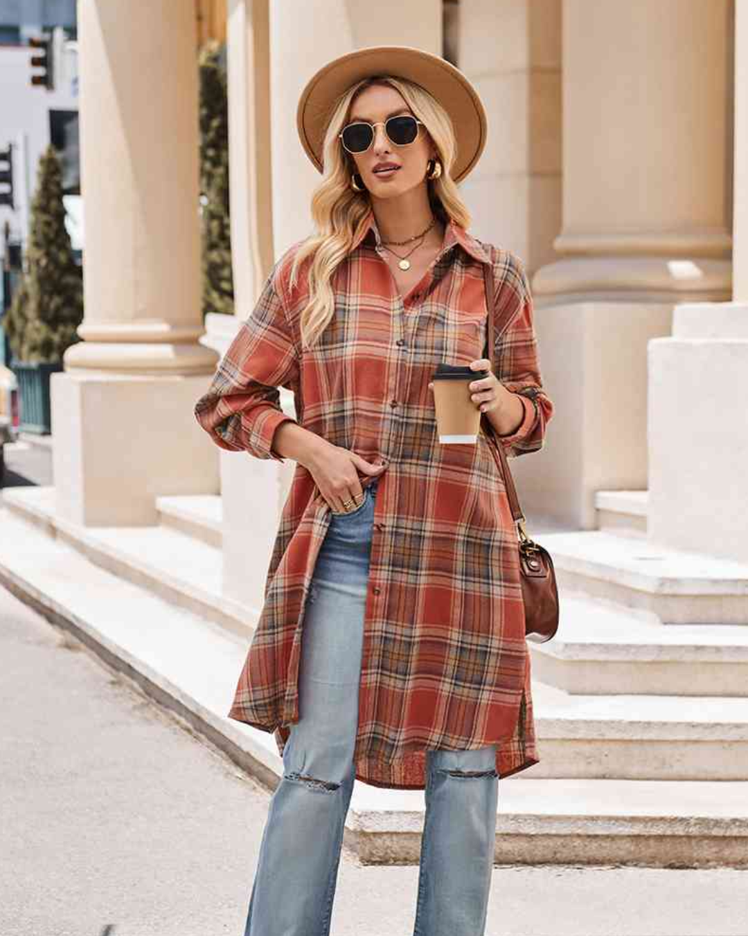 Plaid Collared Neck Long Sleeve Coat Brick Red S 