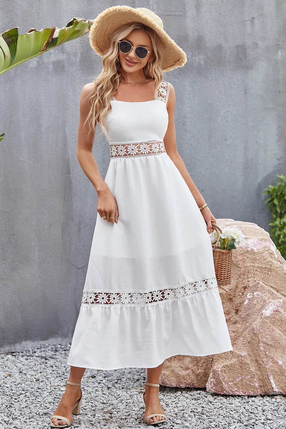 Flower Crochet Wide Strap Midi Dress White S