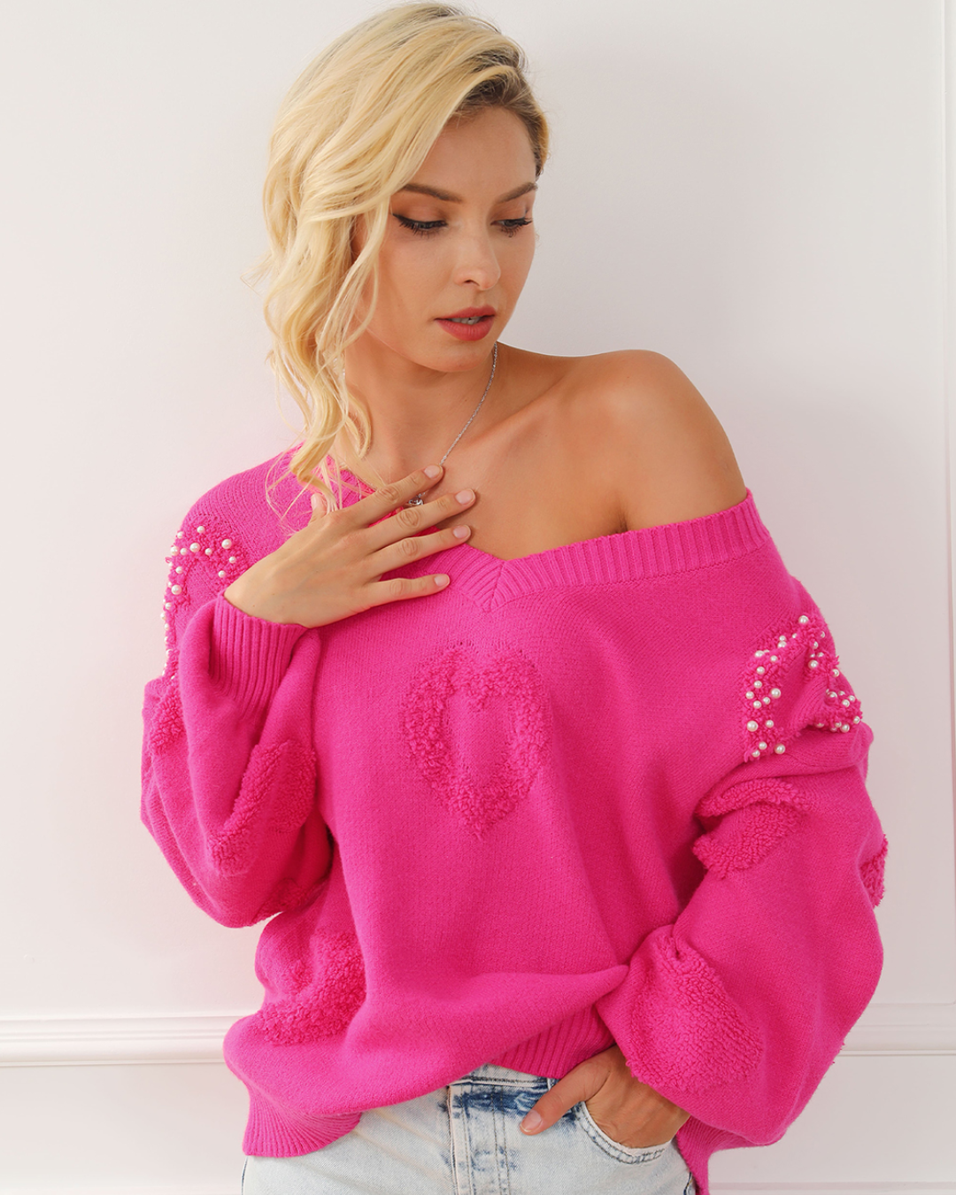 Pearl Embellished Hearts Sweater   