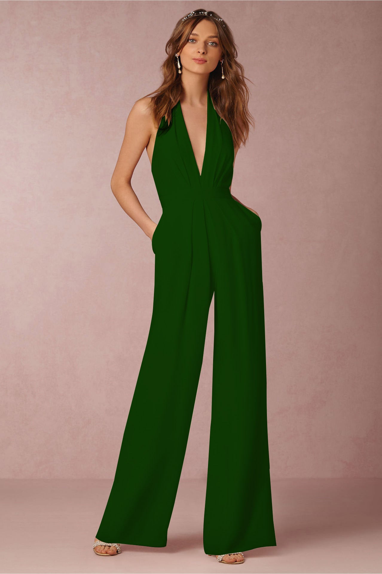 Casual Sexy Sleeveless Halter Jumpsuit L Dark Green