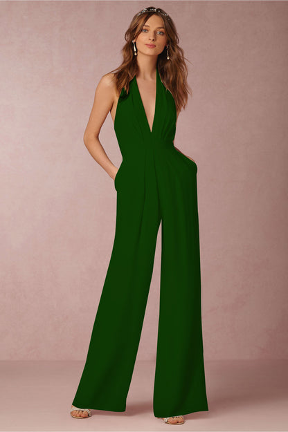 Casual Sexy Sleeveless Halter Jumpsuit L Dark Green