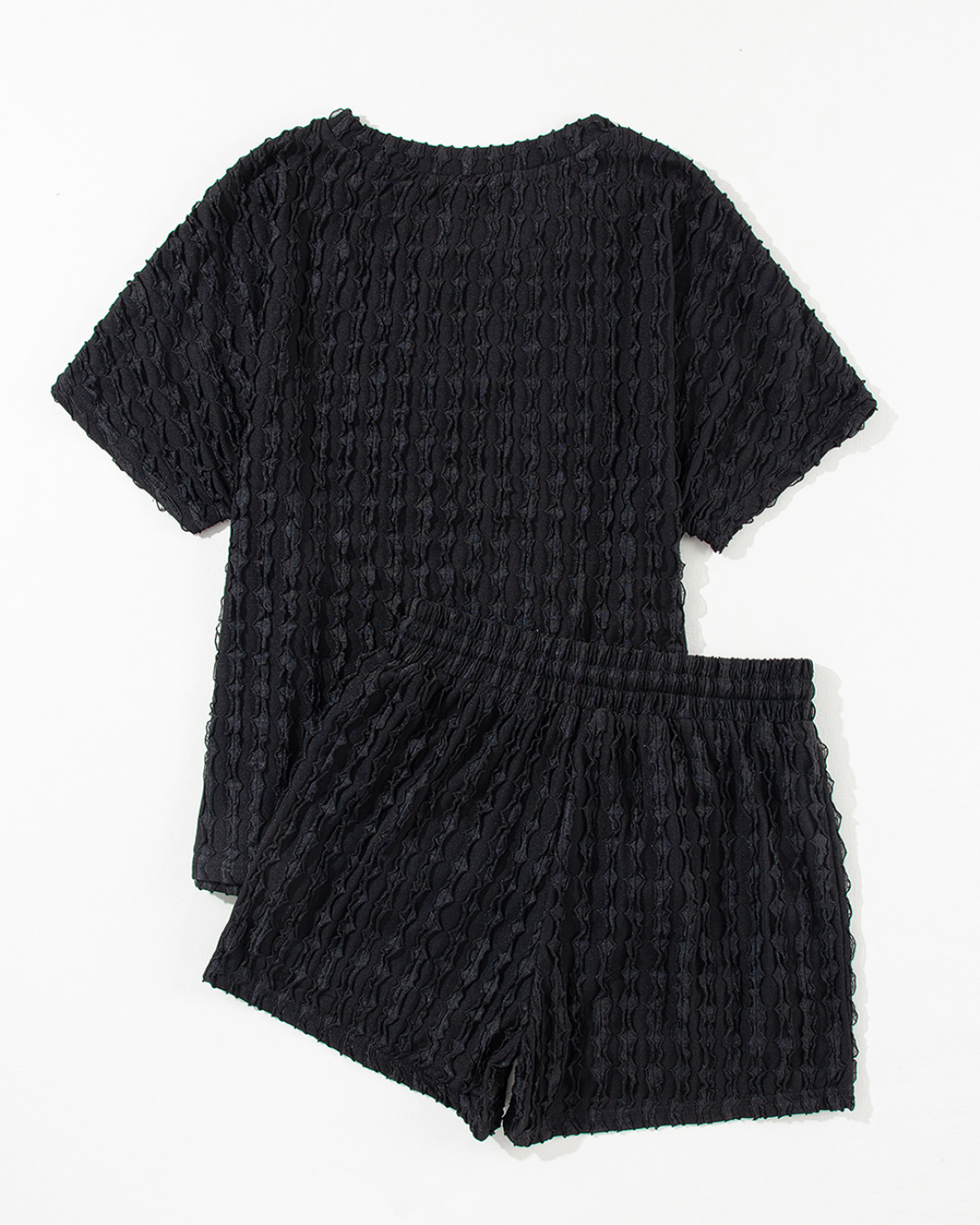 Black Frill Textured Short Sleeve Set   