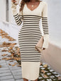 Devine Striped V-Neck Long Sleeve Sweater Dress Ivory S