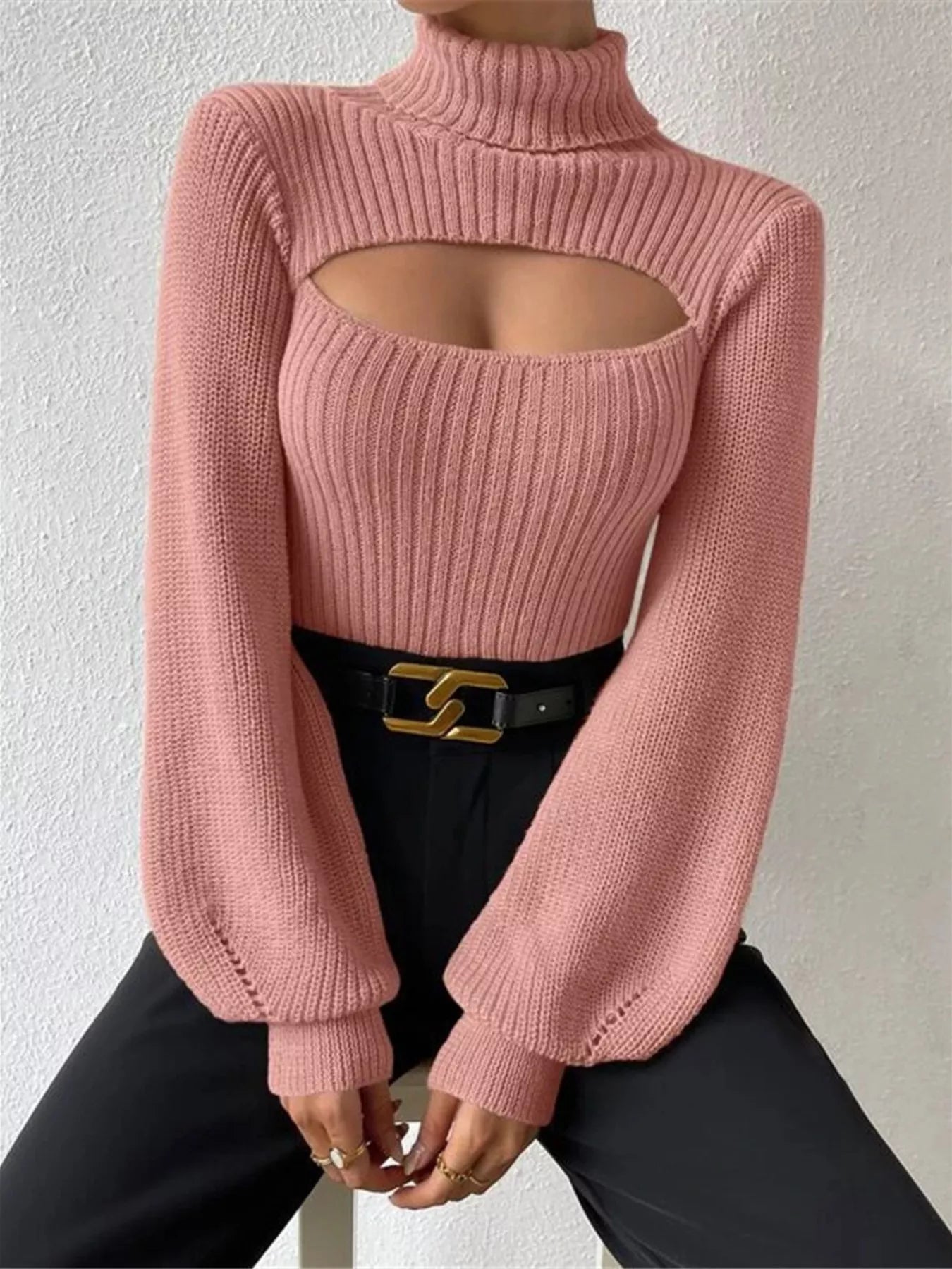 Cutout Front Turtleneck Long Sleeve Sweater