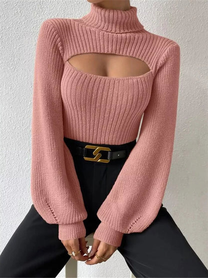 Cutout Front Turtleneck Long Sleeve Sweater