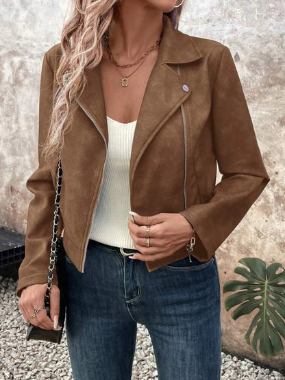 Zip Up Suede Cropped Moto Jacket Brown S