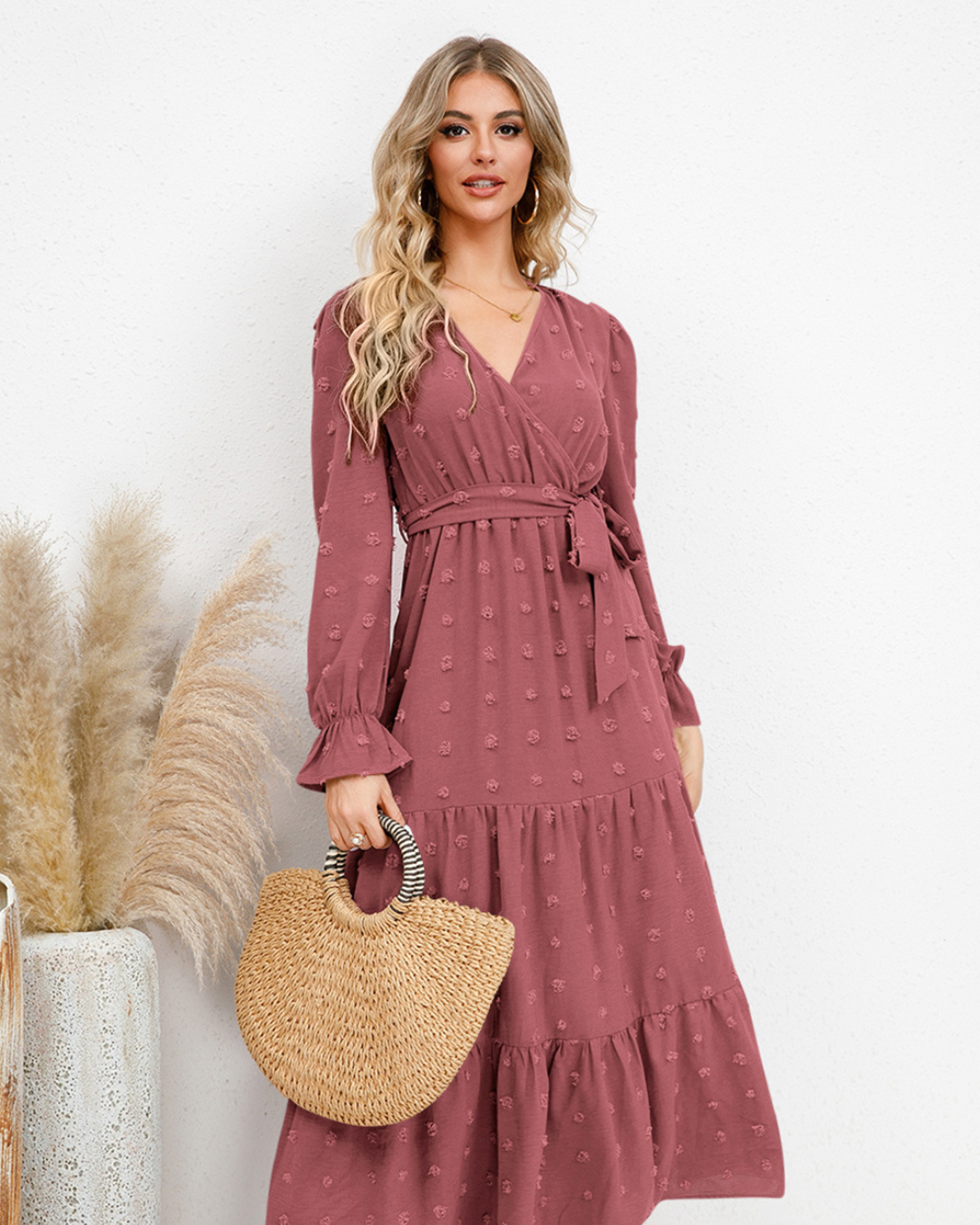 Swiss Dot Tied Surplice Dress   