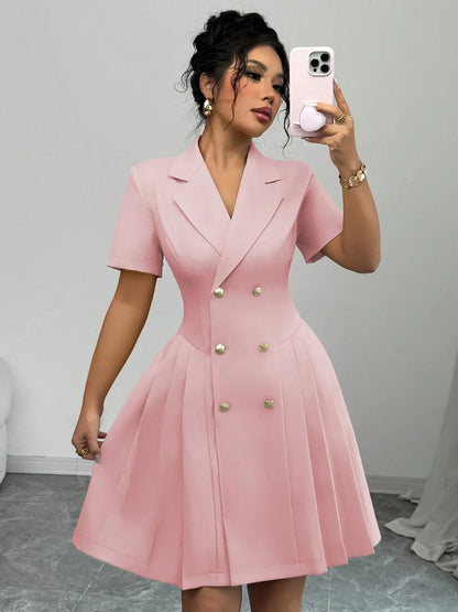 Double-Breasted Short Sleeve Dress Pink S