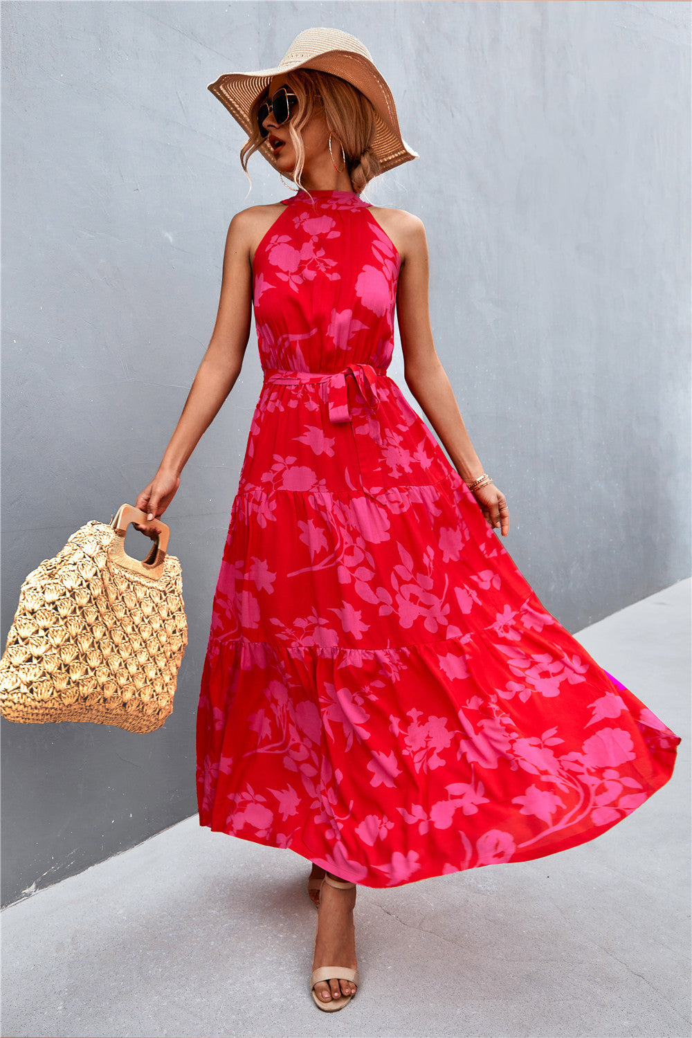 Printed Sleeveless Tie Waist Maxi Dress Rose/Floral S