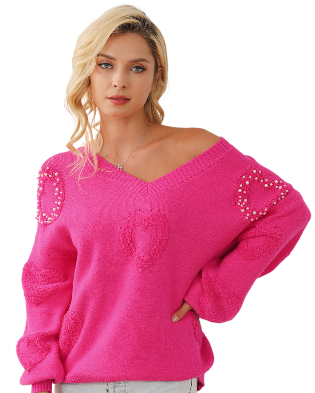 Pearl Embellished Hearts Sweater   