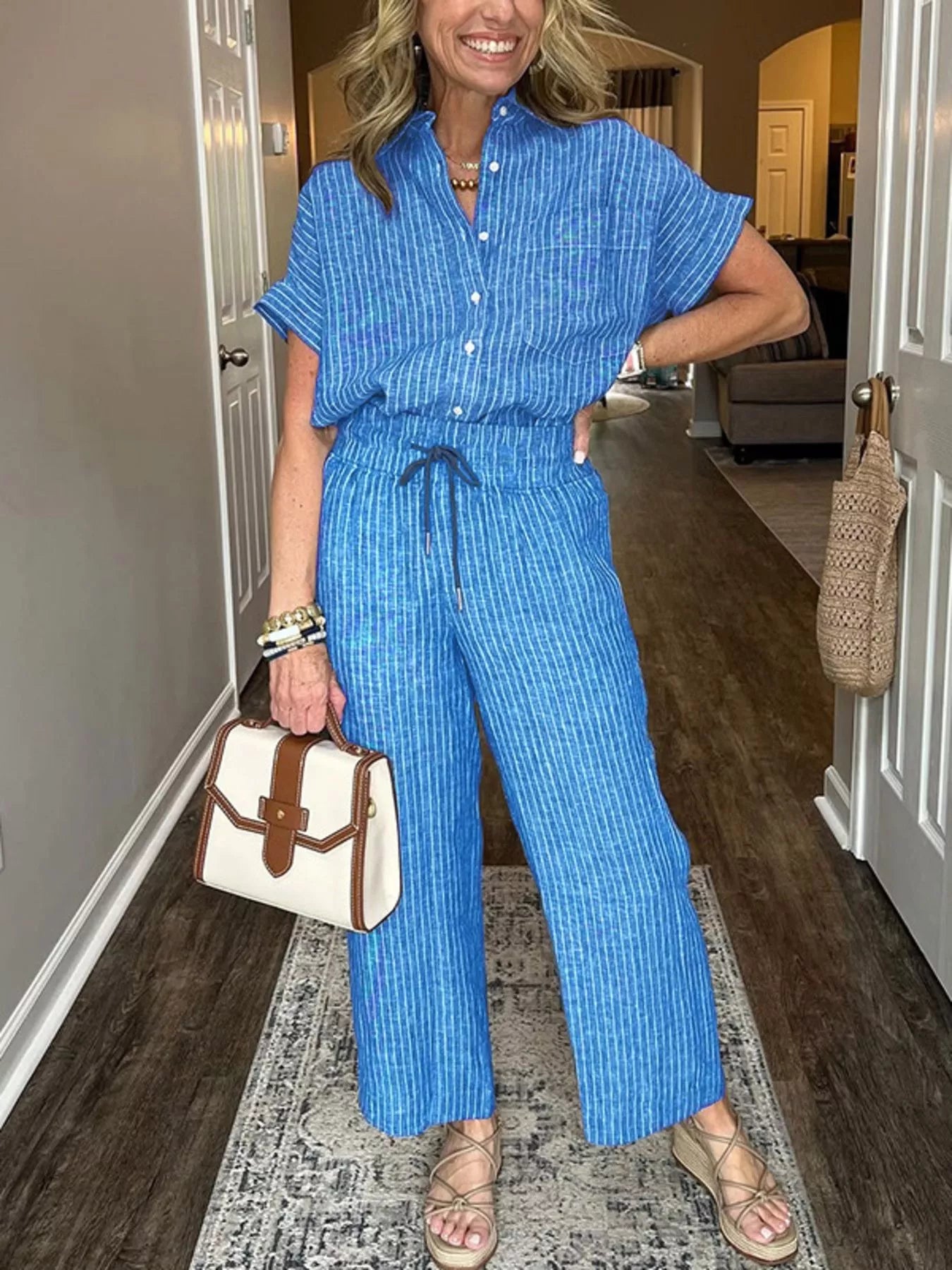 Striped Button-Up Shirt With Wide Leg Pants