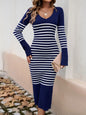 Devine Striped V-Neck Long Sleeve Sweater Dress Dark Navy S